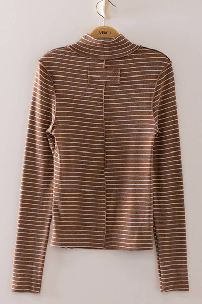 Striped Mock Neck Long Sleeve Top: MOCHA