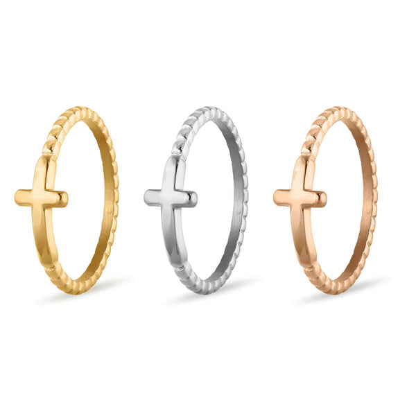 Stainless Steel Beaded Stackable Cross Ring: Gold / 9