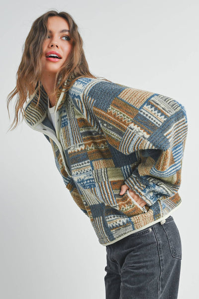 The Moss Patchwork Fleece Half Snap Top: BLUE MULTI