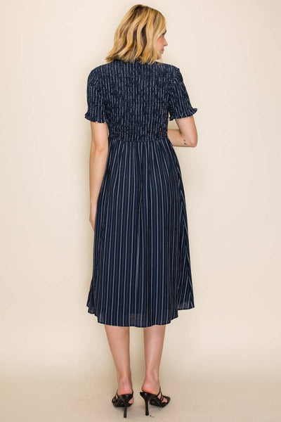 Smocked Bodice Button-Down Dress: Navy / S - Lulu Bella Boutique