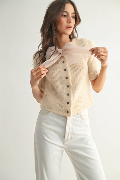 KNIT CARDIGAN WITH CHIFFON BOW - SAND