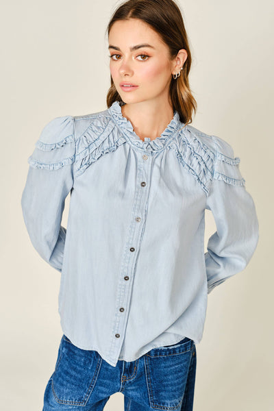 RUFFLES LONG SLEEVE CHAMBRAY TOP: LT DENIM
