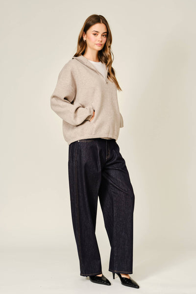 WOOL MIX HALF ZIP UP PULLOVER SWEATER: MOCHA