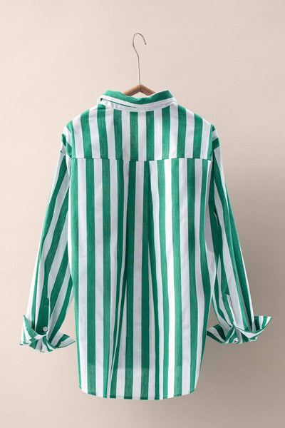 Oversized Stripe Button Down Collared Shirt: GREEN / S-2/M-2/L-2 - Lulu Bella Boutique