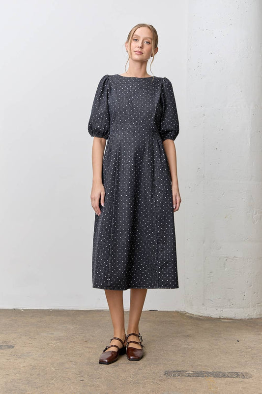 Denim Polkadot Bubble Sleeve Midi Dress: BLACK DENIM