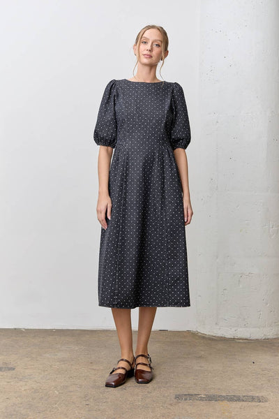 Denim Polkadot Bubble Sleeve Midi Dress: BLACK DENIM