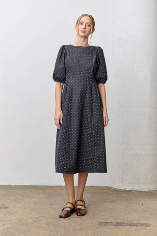 Denim Polkadot Bubble Sleeve Midi Dress: BLACK DENIM