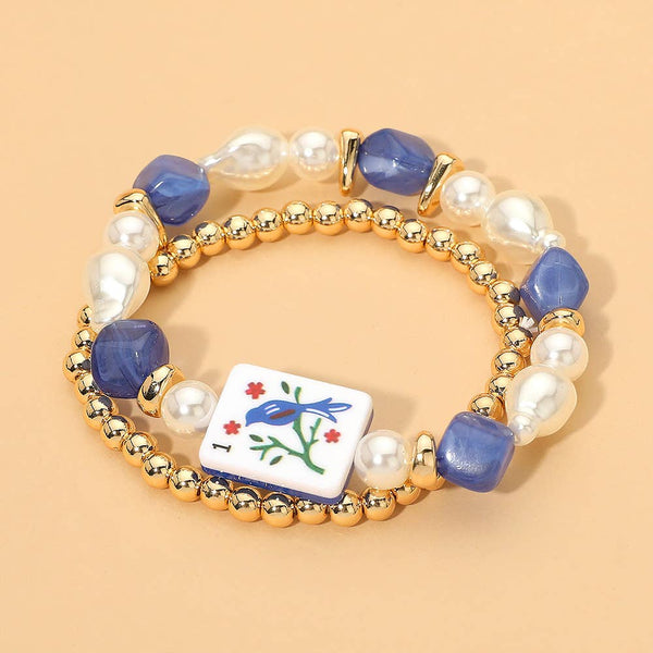 2PCS - Mahjong Tile Pearl Beaded Stretch Multi Layered Bracelets: Blue,Gold