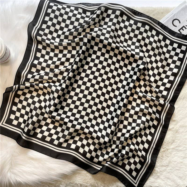 LARGE CHECKER PRINT SILKY FEEL BANDANA SCARF: Brown