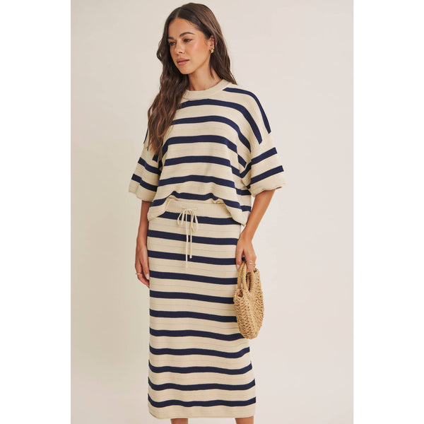 WEEKEND IN CANNES SOFT DRAPE COTTON STRIPE SET: NATURAL/NAVY