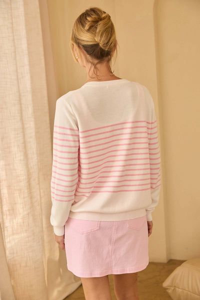Striped Button-Down Cardigan: White-Pink - Lulu Bella Boutique
