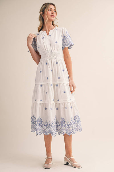 FLORAL EMBROIDERY TIERED MIDI DRESS MDR4566: WHITE BLUE FLORAL / S - Lulu Bella Boutique