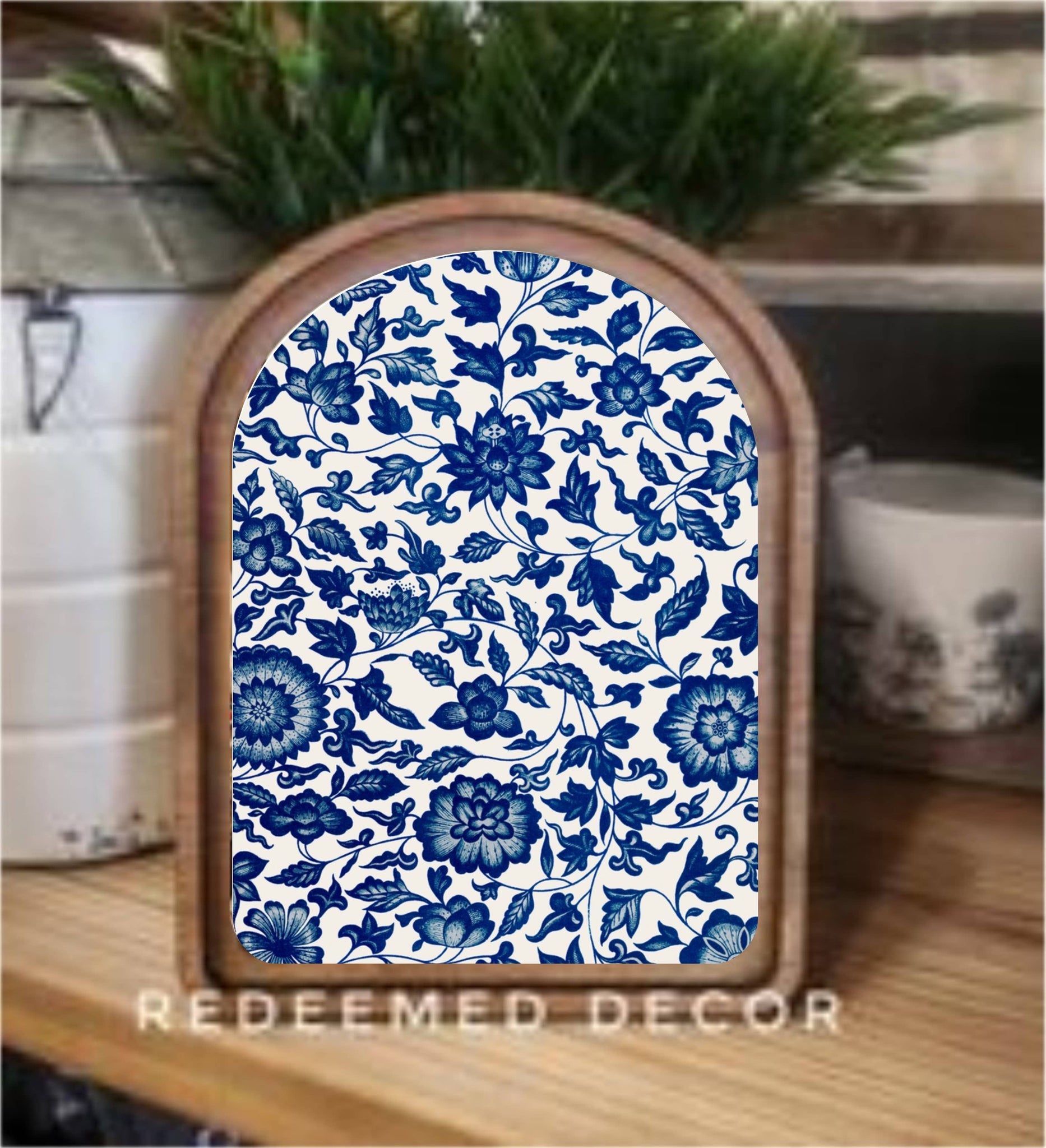 Arch Top Blue Flower Pattern Framed Art - Lulu Bella Boutique