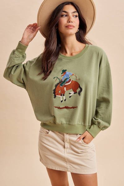 HORSE EMBROIDERED CREWNECK PULLOVER: DUSTY OLIVE