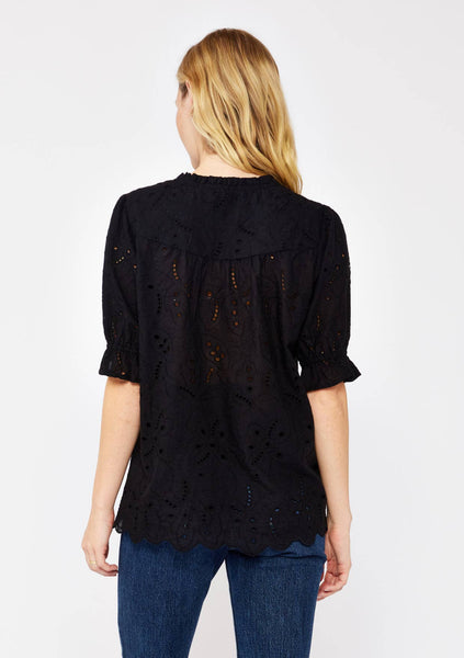 Embroidered Eyelet Cotton Summer Top: Black / S