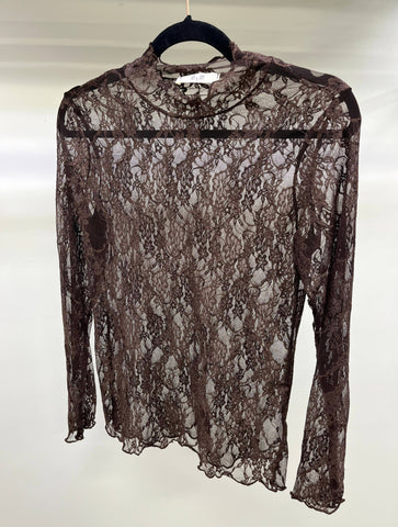 Floral Print Lace Long Sleeve Top: Brown