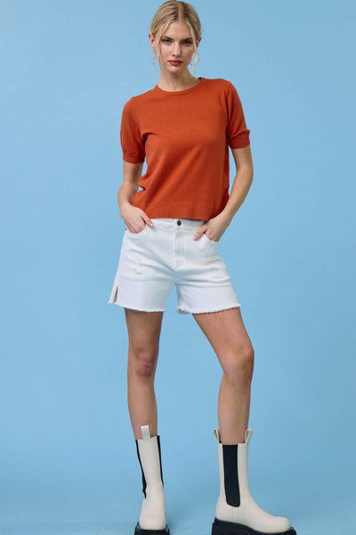 Soft Short Puffy Sleeve Basic Stretchy Knit Top: Pumpkin