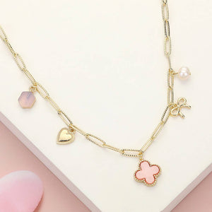 Quatrefoil Bow Heart Pearl Charm Paperclip Chain Necklace: GOLD PINK