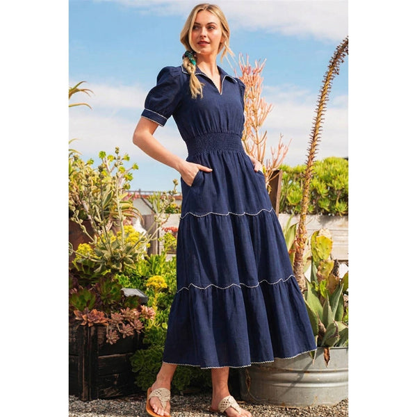 Collared neckline, puff sleeves, smocked waist, and scallope: Navy / S - Lulu Bella Boutique