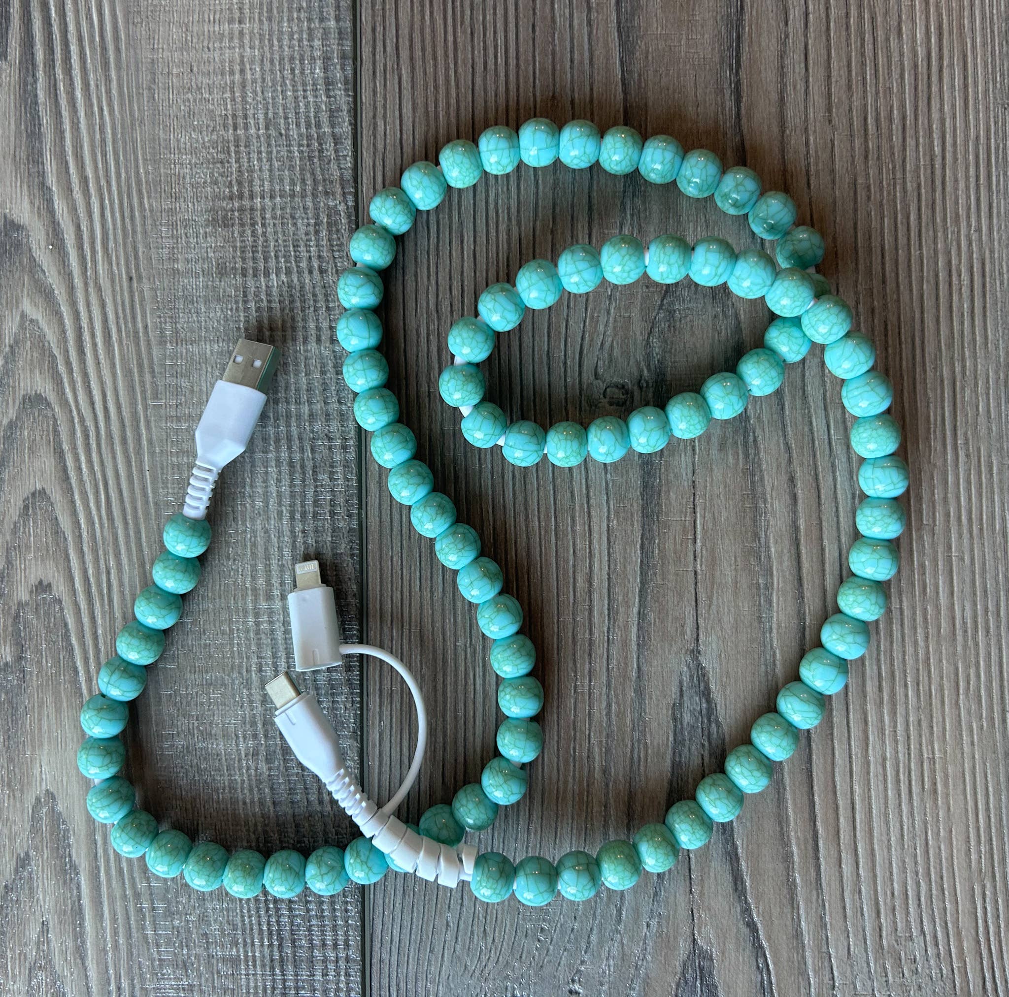 Beaded Phone Charger with Lightning & USB-C Cable: Green Turquoise - Lulu Bella Boutique