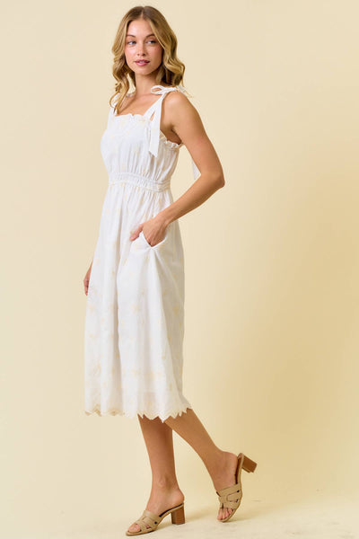 EMBROIDERED SCALLOP EYELET TIE SHOULDER MIDI DRESS - 28286D: IVORY/NATURAL / S - Lulu Bella Boutique