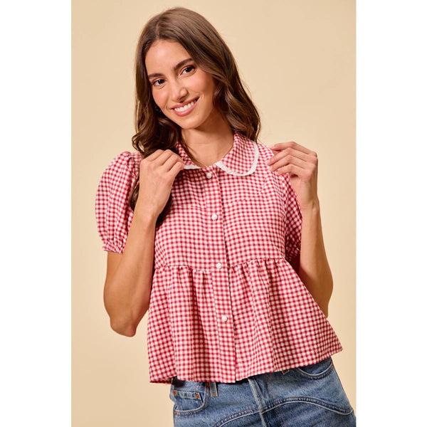 CHECK FRONT BUTTON SHORT PUFF SLEEVES BLOUSE TOP: RED CHECK / S - Lulu Bella Boutique