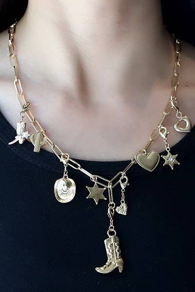 INTERCHANABLE WESTERN BOOT HAT CHARM NECKLACE | 80N1189: Gold