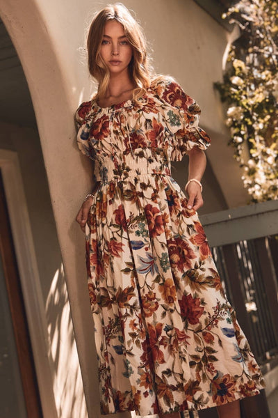 Floral Printed Smocked Waist Midi Dress: IVORY MULTI / S - Lulu Bella Boutique