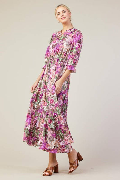 Long Sleeve Printed Split Neck Tiered Maxi Dress: Orchid Multi - Lulu Bella Boutique
