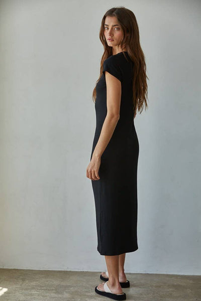 L8658 | Knit Rayon Spandex Short Sleeve Bodycon Midi Dress : Black / S - Lulu Bella Boutique