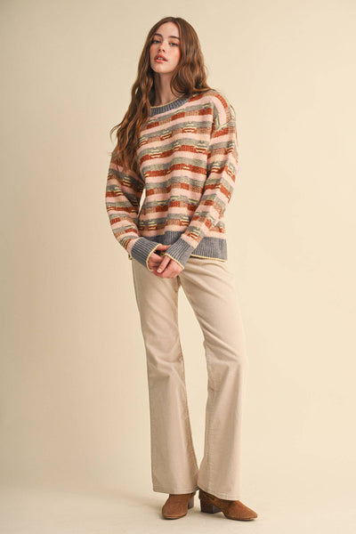 ABSTRACT GEOMETRIC KNIT PATTERN SWEATER: GREY PINK MULTI