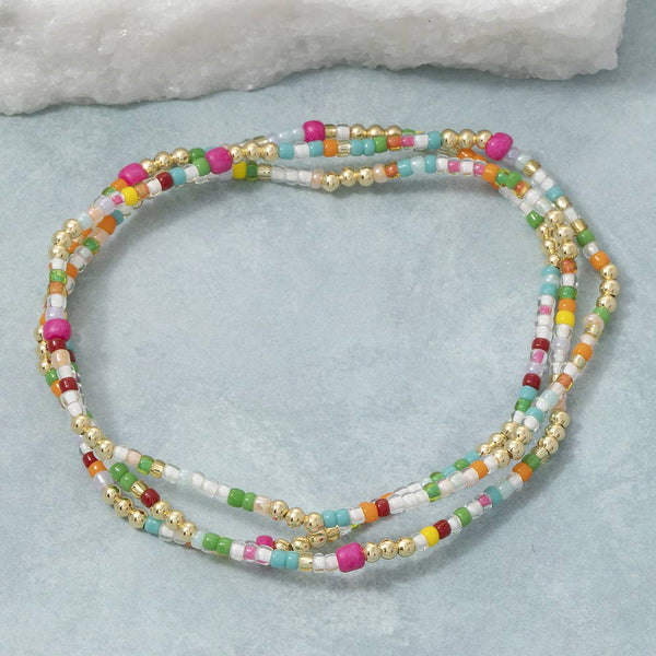 Multicolor Seed Bead And Gold Stretch Bracelet Set: MXG1