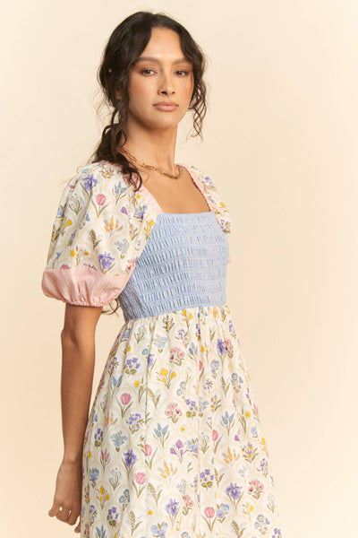 PLUS FLORAL BOUQUET PUFF SLEEVE TIERED DRESS: PASTEL YELLOW MULTI / 2XL - Lulu Bella Boutique
