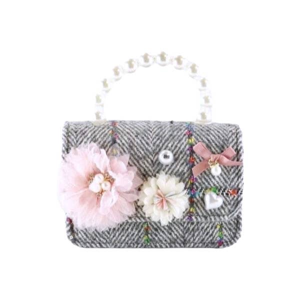 B1305 Floral Appliques Tweed Purse (3 Colors): Beige