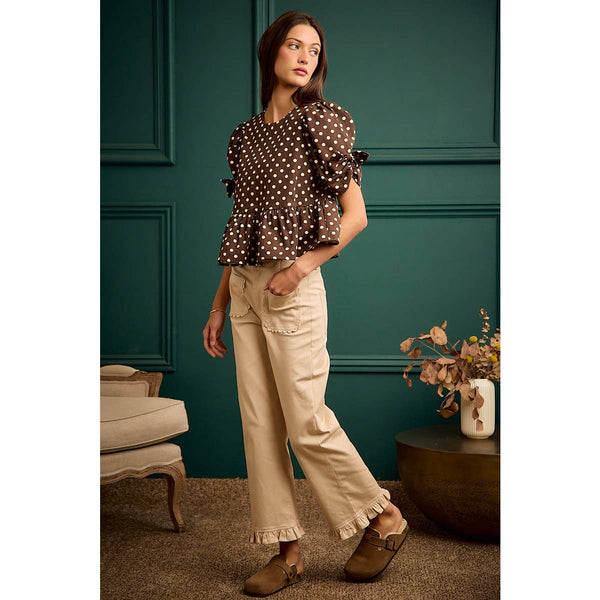 POLKA DOT BOW DETAIL SHORT SLEEVES PEPLUM TOP: BROWN/IVORY