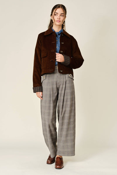 OXFORD CORDUROY BUTTON PLAID JACKET: BROWN