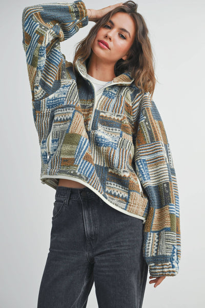 The Moss Patchwork Fleece Half Snap Top: BLUE MULTI