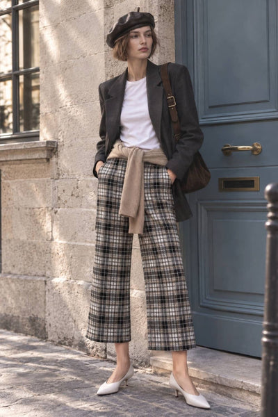 PLAID WIDE LEGS CROPPED PANTS: BLACK/TAUPE