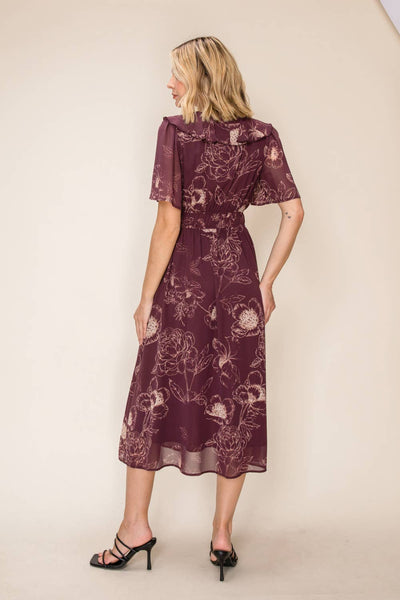 Ruffled V-Neck Midi Dress: Burgundy