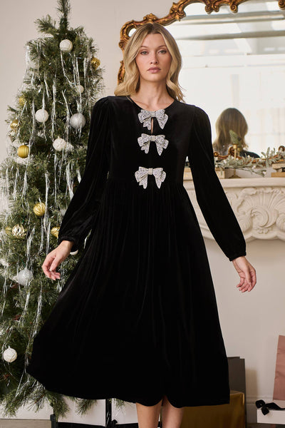 Jena Glow Bow Velvet Midi Dress: Black - Lulu Bella Boutique