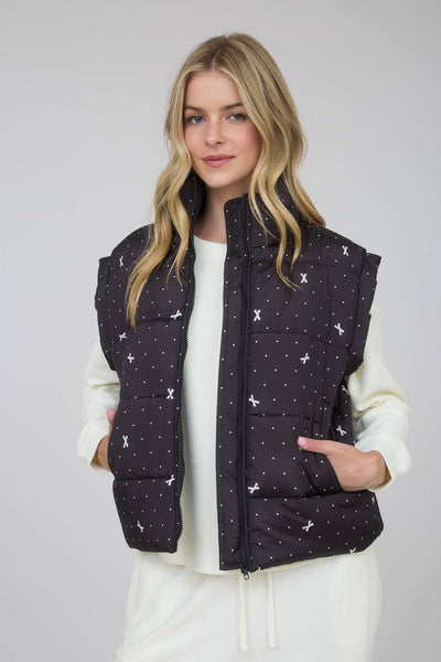 POLKA DOT BOW PATTERN ZIP-UP PUFFER VEST: BLACK - Lulu Bella Boutique