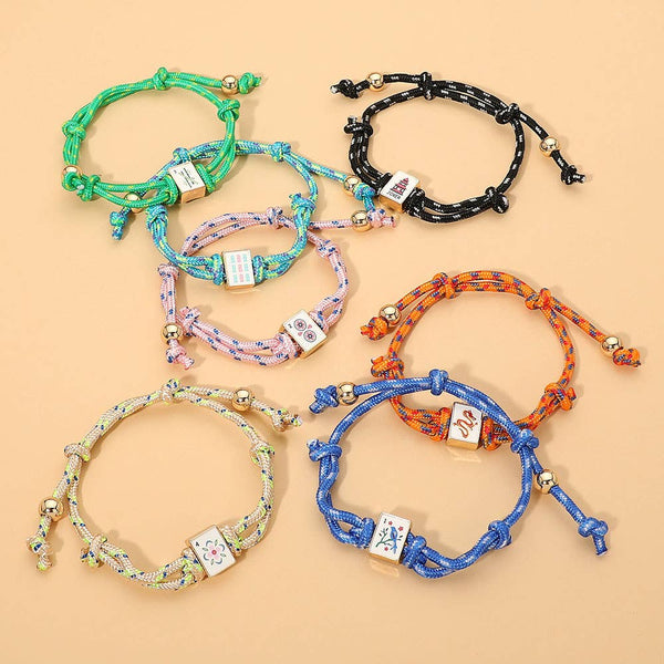 Mahjong Tile Charm Accent Knotted Cord Adjustable Cinch Pull Tie Bracelet: Gold,Ivory - Lulu Bella Boutique
