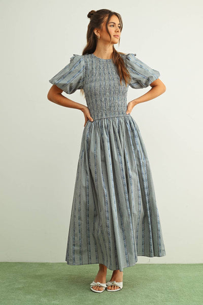 D5974   FLORAL PRINT WITH PUFF SLV DRESS: BLUE MULTI / S - Lulu Bella Boutique