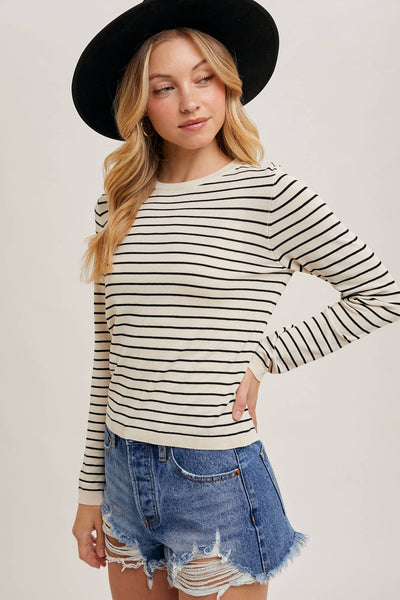 STRIPED CREW NECK KNIT TOP LONG SLEEVE: OATMEAL / L