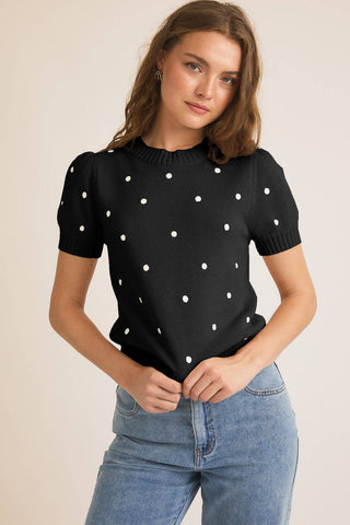 ROUND NECK PUFF SHORT SLEEVE "POLKA DOT" EMBROIDERED SWEATER: BLACK-IVORY DOT / S - Lulu Bella Boutique