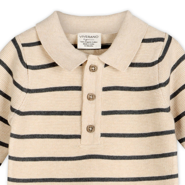 Stripe & Collar Knit Jumpsuit (Organic Cotton): Oatmeal