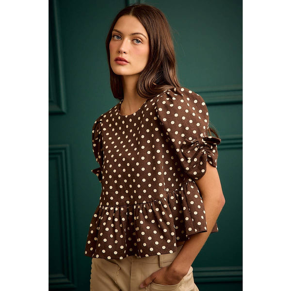 POLKA DOT BOW DETAIL SHORT SLEEVES PEPLUM TOP: BROWN/IVORY