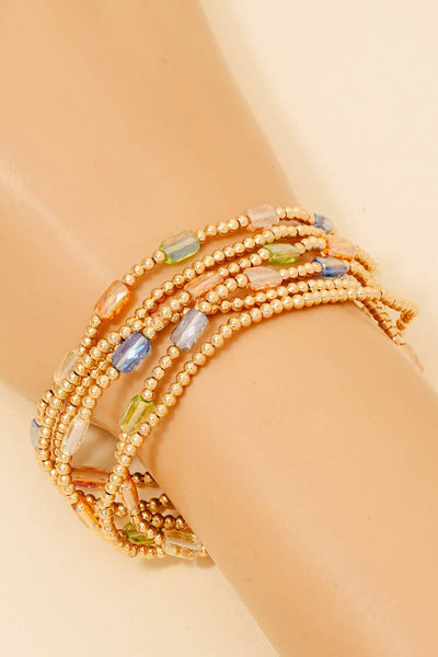 Faceted Glass Charms Metallic Beaded Bracelet Set: PINK - Lulu Bella Boutique