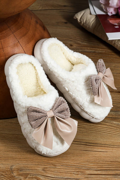 Bowknot Applique Plush Winter Slippers | US6-9.5: Khaki / Standard / US9.5 (CN41)