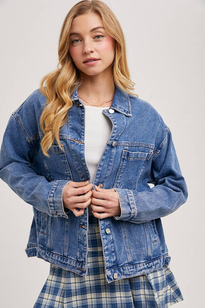 DENIM BUTTON DOWN OVERSIZED JACKET: MED.WASH / S - Lulu Bella Boutique